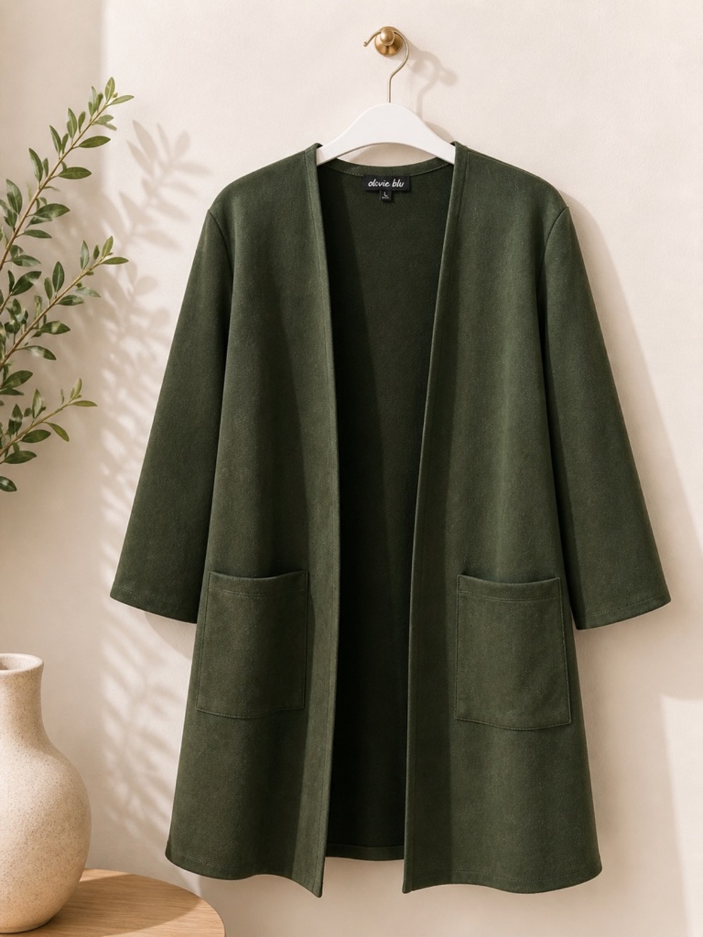 Olivia Blu Open Front Olive Green Coatigan